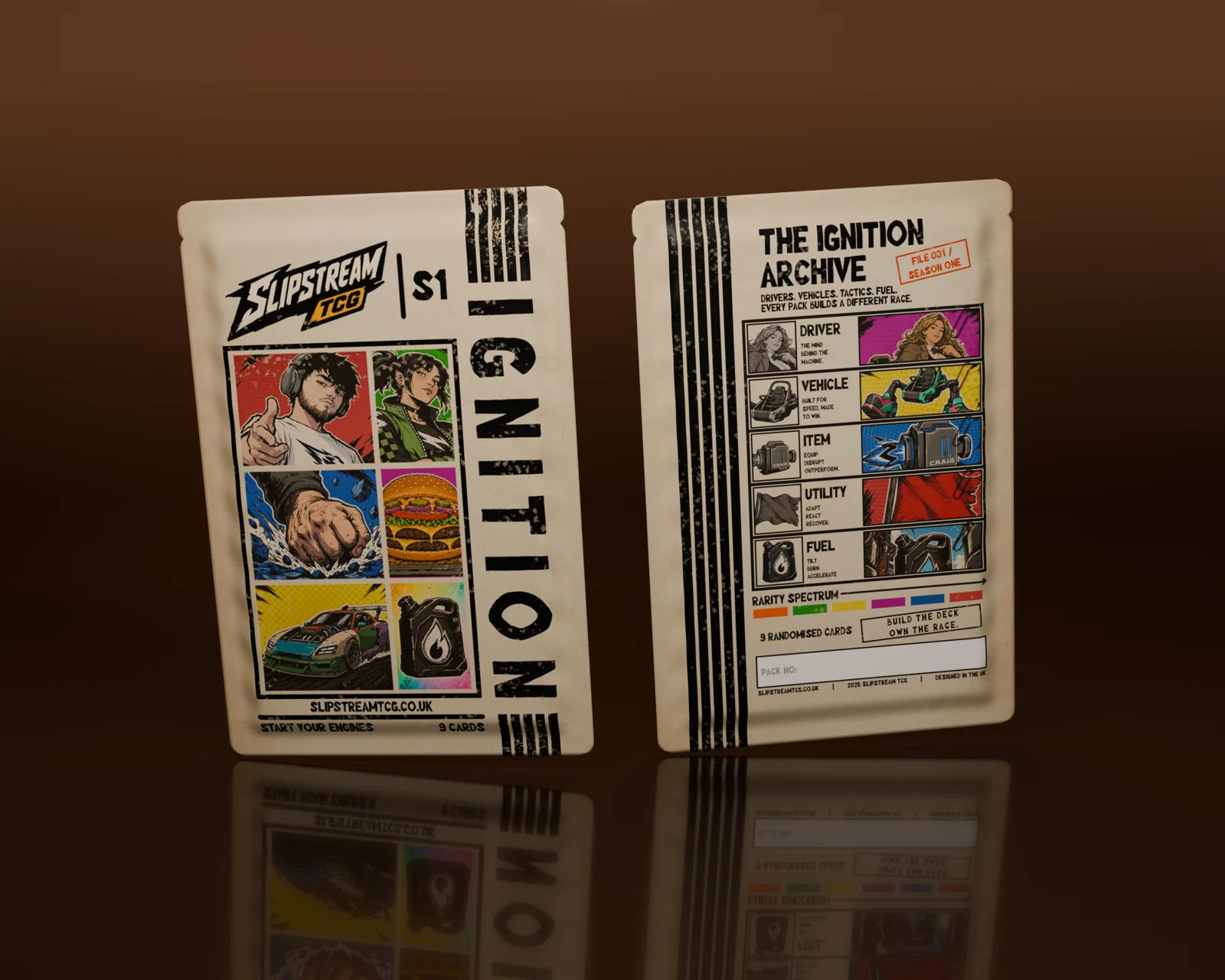 Front and back of the Ignition season one booster pack